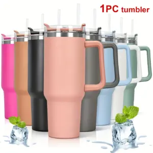 1Pc Insulated Reusable Double Wall Tumbler with Handle and Straw Lid, Stainless Steel Water Bottle, Travel Mug, 40 OZ